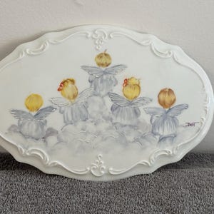 Vintage Hand Painted Porcelain Plaque- Angels in clouds looking down- Holiday