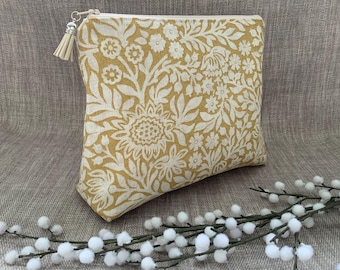 Toiletry Bag, Handmade Floral Wash Bag: Large Cosmetic Purse, Water Resistant Lining, Ochre