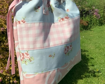 Handmade Patchwork Tote Bag: Pastel Cotton Drawstring Beach Bag