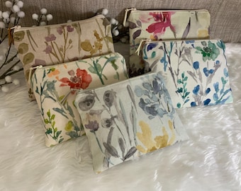 Wild Flowers Fabric Zipped Purses:  Cotton Cosmetic Bag, Botanical Pouch