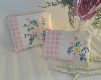 Handmade Vintage Embroidered Cotton Zipped Purse, Cosmetic Bag