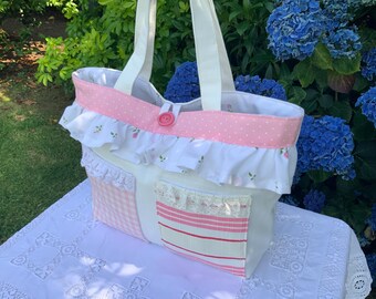 Floral Ditsy Frilly Fabric Tote Bag: Handmade Small Cotton Bag