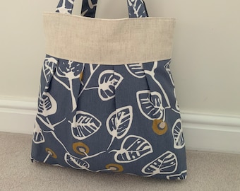 Tote Bag: Handmade Pleated Cotton Shoulder Bag, Linen and Grey Scandi Fabric