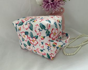 Boxy Toiletry Bag, Handmade Square Floral Wash Bag, Large Cosmetic Purse, Water Resistant Lining