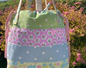 Handmade Patchwork Tote Bag: Pastel Cotton Drawstring Beach Bag