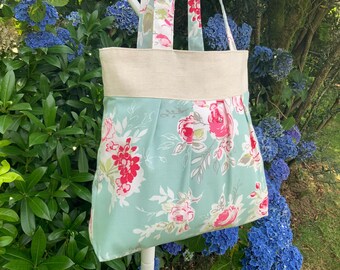Pleated Floral Tote Bag: Cotton Linen Shoulder Bag