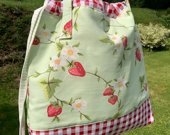 Handmade Patchwork Tote Bag: Upcycled Strawberry Cotton & Gingham