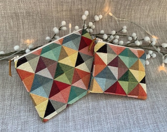 Geometric Tapestry Zipped Pouch, Handmade Cosmetic Bag and Coin Purse
