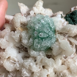 Collector Piece: Green Apophyllite flower, rare green Apophyllite on cream Stilbite, gem floral formation of apophyllite