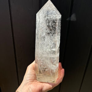 Quartz tower- self standing- clear- great quality - with rainbow- xl Quartz tower with black tourmline, purify your home 8.75” tall
