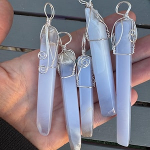 Blue chalcedony pendant- chalcedony pendant, polished blue chalcedony- blue chalcedony from Turkey- wire wrapped, silver plated