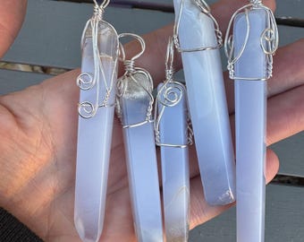 Blue chalcedony pendant- chalcedony pendant, polished blue chalcedony- blue chalcedony from Turkey- wire wrapped, silver plated