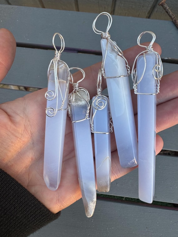 Blue chalcedony pendant- chalcedony pendant, polished blue chalcedony- blue chalcedony from Turkey- wire wrapped, silver plated