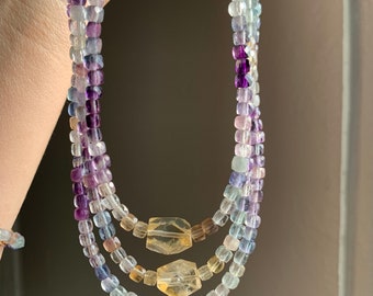 Collana di perline di fluorite e citrino - argento sterling, collana di cristallo fatta a mano, fluorite arcobaleno e citrino sfaccettato