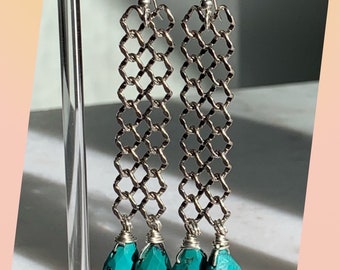 Handmade Hubei Turquoise Dangle Earrings, Sterling Silver Hooks