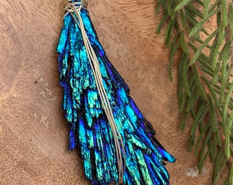 Treated Aura Kyanite Pendant, Sterling Silver Wire Wrap, Witchy Necklace