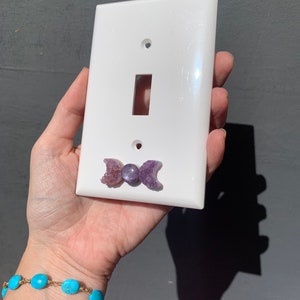 Triple goddess, star ruby moon with amethyst crystal cresant moon, Crystal light switch cover, crystal wall plate, one of a kind