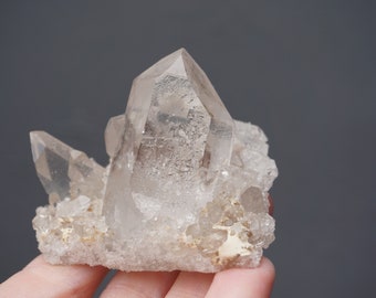 May include: A cluster of clear quartz crystals with a rough, white base. The crystals are pointed and have a translucent appearance.