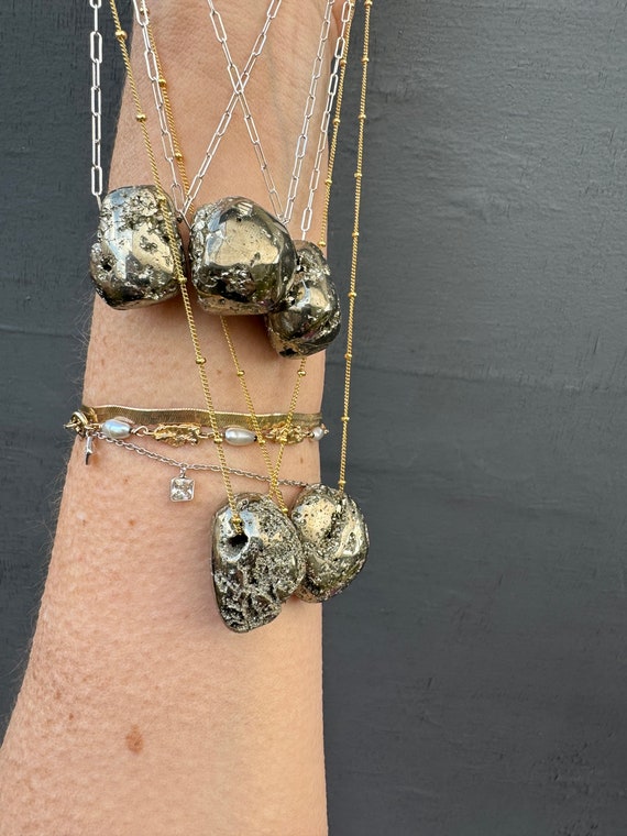 Pyrite pendant on silver or gold chain,  natural pyrite necklace. minimal crystal jewelry