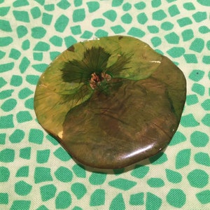 Vintage green real pansy flower brooch cast in resin
