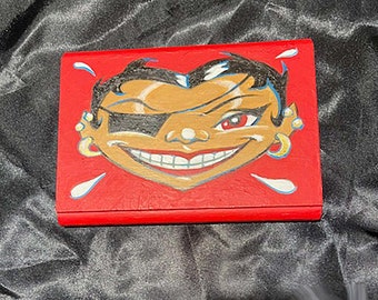 Tiny pirate gal funny face Tilly head acrylic painting on found wood scrap