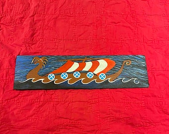 Viking ship painting acrylic on found wood