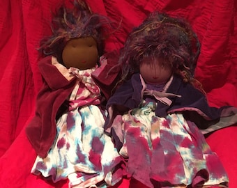 Two handmade elf dolls with beautiful tiedyed clothes