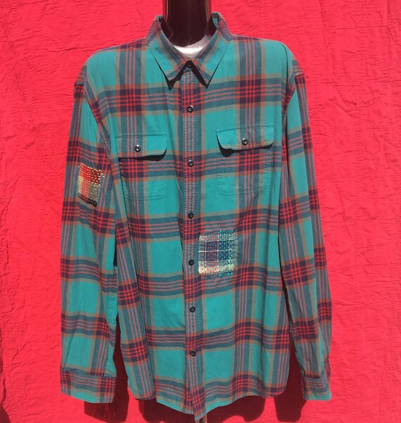 Patched Plaid Flannel Mens Shirt XXL 