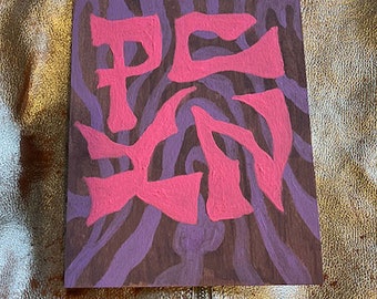Pink purple and gray PUNK painting on found wood