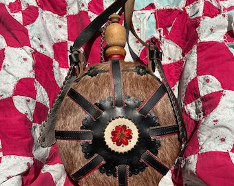 Folk art European handmade fur, leather and felt covered flask with wooden stopper