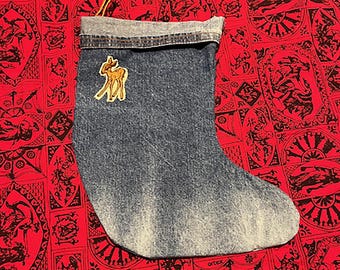 Handmade recycled denim holiday stocking with fawn applique