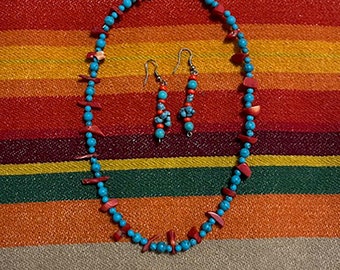 Vintage 90s red and turquoise beaded necklace and pierced earring set
