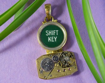 Yellow Brass Pendant with Jeweled Watch Movement and Typewriter Key - Shift Key, Recycled, Steampunk jewelry, reused reclaimed vintage