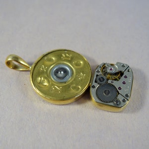 Brass Bullet and Clock Pendant 12 Gauge cap, Jeweled watch movement, Rubies, Yellow brass, recycled, reused, vintage, Steampunk, Western, image 3