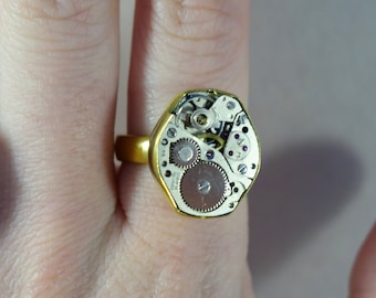 Antique Jeweled Watch Steampunk Ring in Yellow Brass ~ Vintage Watch Movement Ring, US Size 9