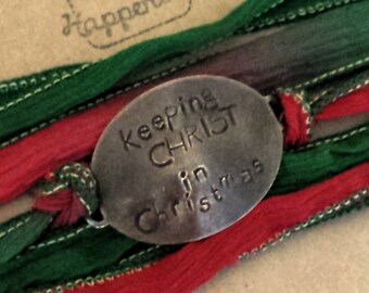 Keeping CHRIST in Christmas Bracelet, Silk Wrap Bracelet - Stamped Metal Namaste - Beachy and Bohemian Jewelry - Yoga Jewelry