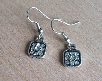 Square Crystal Inlay Earrings, Silver Crystal Drop Earrings, Preppy Jewelry, Holiday Earrings, Square Crystal, Square Earrings