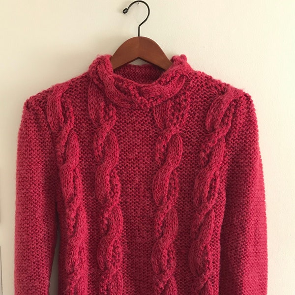 80s Vintage Sweater / Cranberry Winter Sweater / Cable Hand Knit Acrylic / Shoulder Button Closure / Mock Turtleneck / Gift For Her