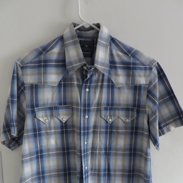 LUCKY BRAND DUNGAREES by Gene Montesano / Snap Button Closure / Country Western Shirt / Cotton Plaid Short Sleeve / Medium