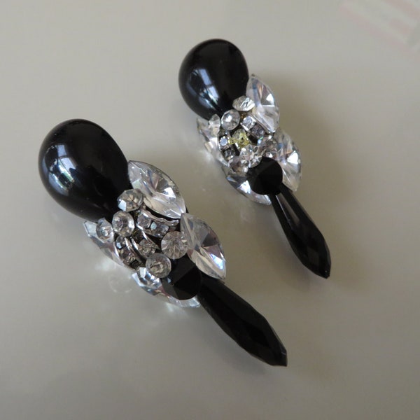 80s Vintage Earrings / Jet Black Earrings / Fashion Accessories / Dynasty Costume Jewelry / Jet Black Drop Beads with Crystals / Pierced