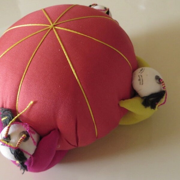 80s Vintage Pin Cushion / Oriental Silk Pin Cushion / Sewing Needlecraft / Sewing Tools /Red Pincushion with Four Kids / Valentines Day