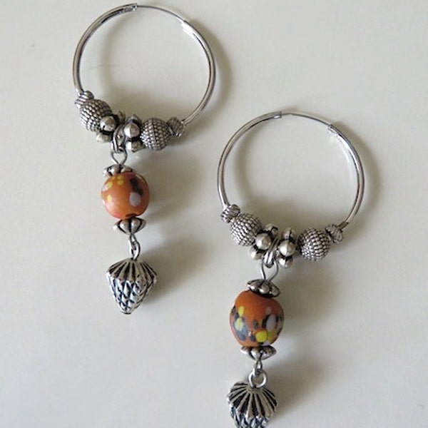 80s Vintage Earrings / Orange Silver Bead Hoops / Bohemian Jewelry / Pierced Dangle Drop Earrings / Fashion Accessories / Gift For Her