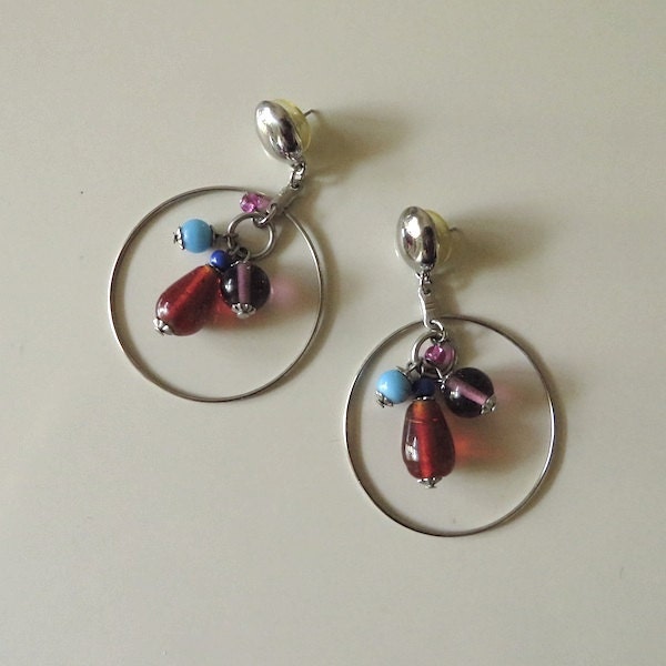 80s Vintage Jewelry / Silver Hoop Earrings with Bright Colored Gemstones / Pierced Earrings / Fashion Accessories / Vintage Earrings