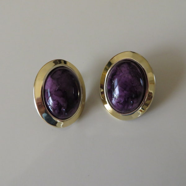 80s Vintage Earrings / Gold Trimmed Oval Amethyst Earrings / Fashion Accessories / Gift For Her / Holiday Gift / Pierced