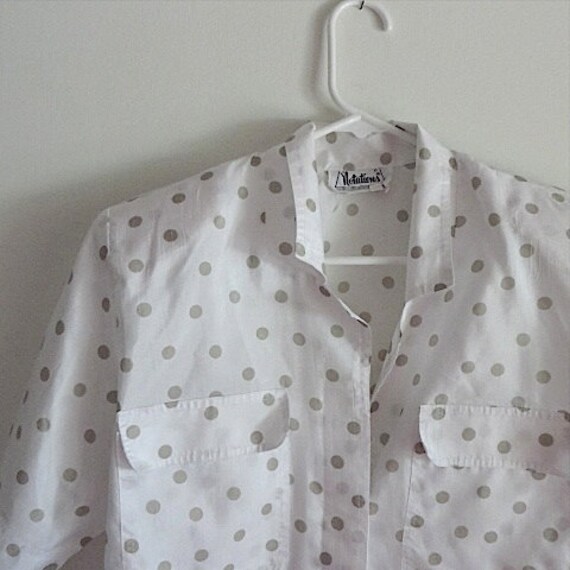 80s Vintage Blouse / Grey White Polka Dot Shirt /