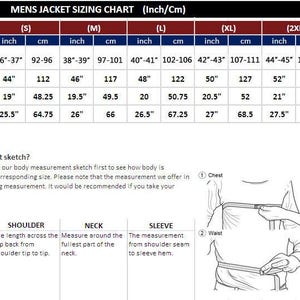 Puede incluir: Tabla de tallas de chaquetas para hombre con medidas en pulgadas y cent&iacute;metros. Incluye medidas de pecho, hombros y mangas para tallas de la XS a la 4XL. Tambi&eacute;n se proporcionan instrucciones.