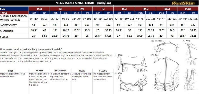 Puede incluir: Tabla de tallas de chaquetas para hombre con medidas en pulgadas y cent&iacute;metros. Incluye medidas de pecho, hombros y mangas para tallas de la XS a la 4XL. Tambi&eacute;n se proporcionan instrucciones.