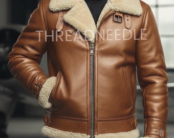 Chaqueta de piel de oveja marrón estilo aviador de la RAF hecha a mano para hombre / Abrigo de invierno de piel de aviador B3 de la RAF para hombre / Chaqueta bomber de piel de oveja marrón