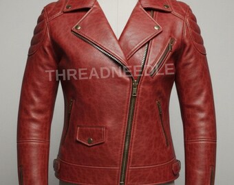 Chaqueta de cuero rojo antiguo de piel de oveja de diseñador hecha a mano para mujer / Chaqueta de cuero de motociclista de corte entallado para mujer / Chaqueta de cuero rojo de motocicleta para mujer