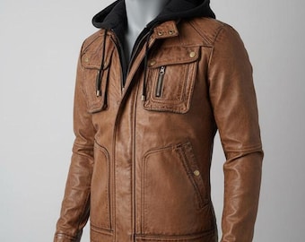 Chaqueta de cuero estilo motero con capucha desmontable y corte entallado para hombre. Chaqueta de cuero marrón vintage con capucha desmontable y estilo moderno, hecha a mano.